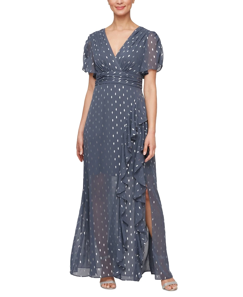 Sl Fashions Women's Foil-Print V-Neck Ruffle-Trim A-Line Dress
