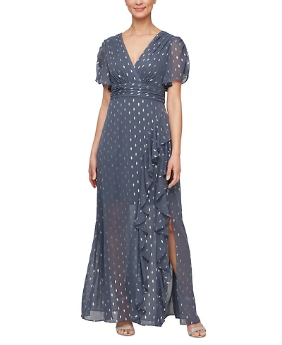 Sl Fashions Women's Foil-Print V-Neck Ruffle-Trim A-Line Dress