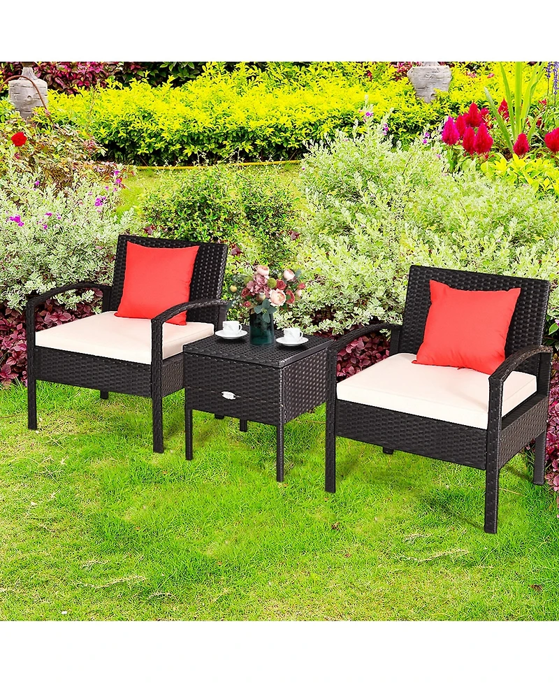 Gymax 3PCS Rattan Patio Conversation Set Outdoor Furniture Set w/ Storage Table