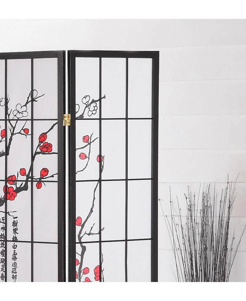 Black Japanese 4-Panel Screen Room Divider, Plum Blossom