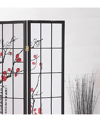 Black Japanese 4-Panel Screen Room Divider, Plum Blossom