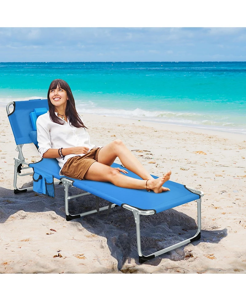 Gymax Set of 2 Beach Chaise Lounge Chair Folding Reclining w/ Facing Hole Turquoise