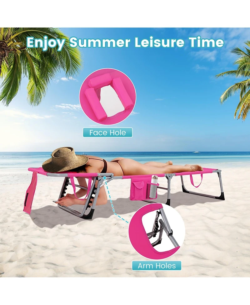 Gymax Set of 2 Beach Chaise Lounge Chair Folding Reclining w/ Facing Hole Turquoise