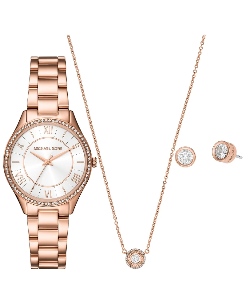 Michael Kors Women's Lauryn Three-Hand Rose Gold-Tone Stainless Steel Watch, Earrings and Necklace Gift Set 33mm