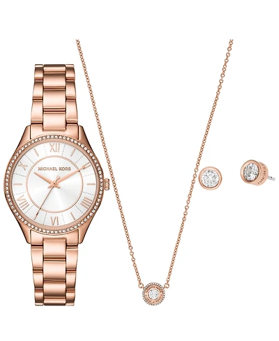 Michael Kors Women's Lauryn Three-Hand Rose Gold-Tone Stainless Steel Watch, Earrings and Necklace Gift Set 33mm
