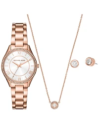 Michael Kors Women's Lauryn Three-Hand Rose Gold-Tone Stainless Steel Watch, Earrings and Necklace Gift Set 33mm