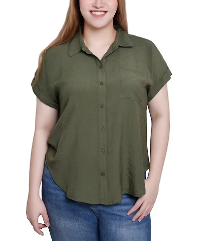 Ny Collection Short Sleeve Woven Front-Jersey Back Top