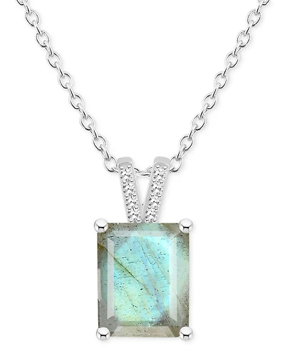 Labradorite & Diamond Accent Emerald-Cut 18" Pendant Necklace Sterling Silver (Also Onyx)