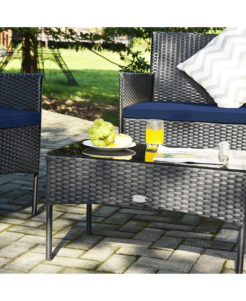 Sugift 4 Pieces Patio Rattan Cushioned Sofa Set with Tempered Glass Coffee Table-Navy