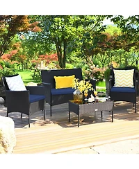 Sugift 4 Pieces Patio Rattan Cushioned Sofa Set with Tempered Glass Coffee Table-Navy