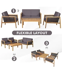 Gymax 4PCS Patio Acacia Wood Furniture Set Pe Rattan Conversation Set w/ Grey Cushions