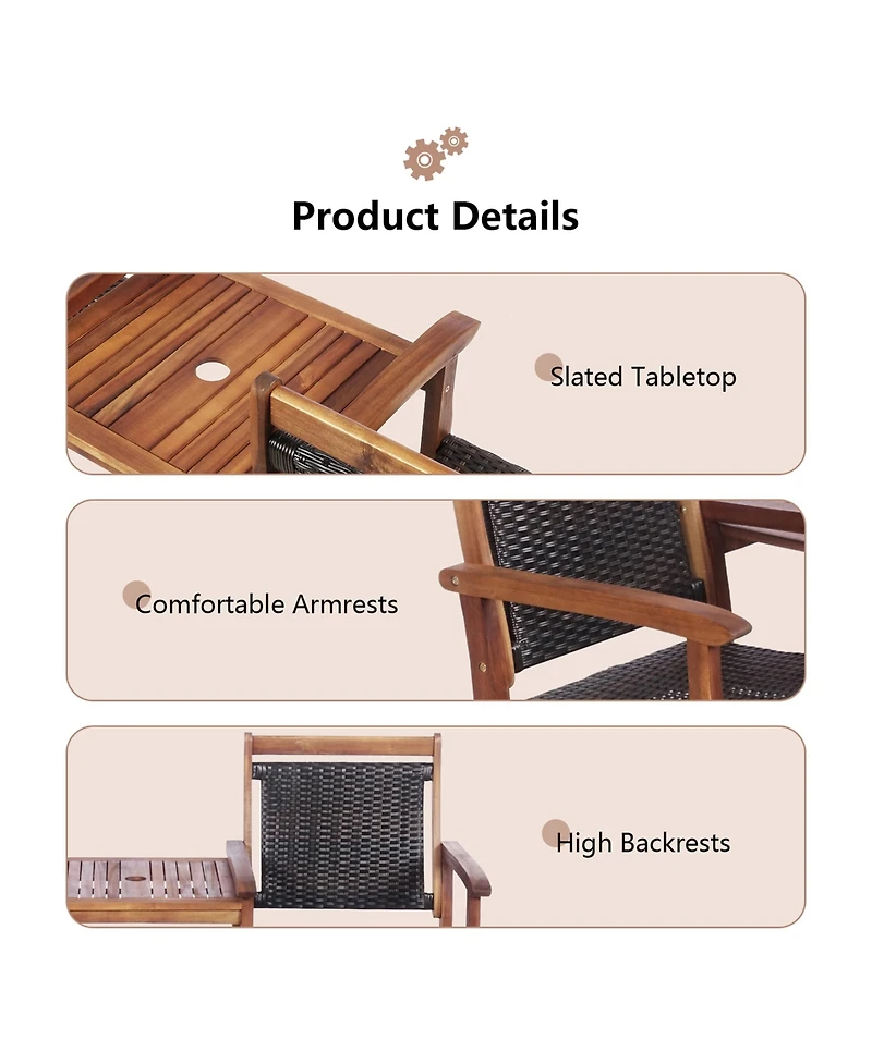 Gymax Patio Acacia Wood Conversation Companion Bench Loveseat Chair with Side Table