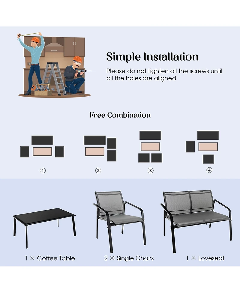 Gymax 4PCS Patio Conversation Futniture Set w/ Fabric and Anti-Rust Steel Frame Grey