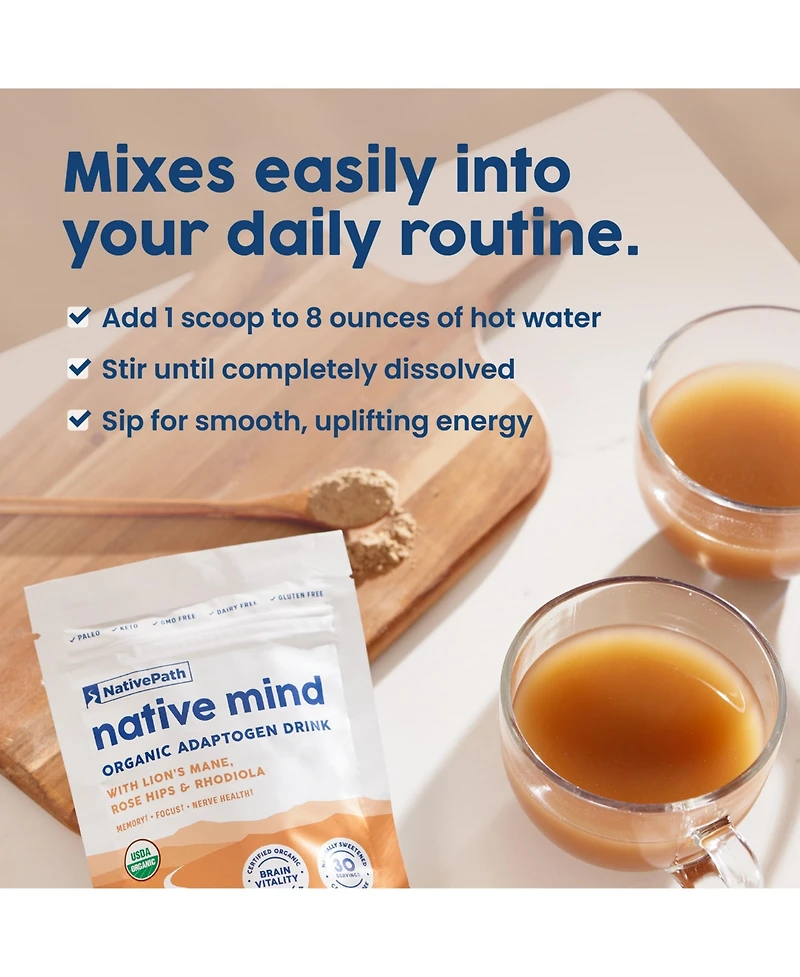 NativePath Native Mind Organic Adaptogen Herbal Support Blend - Organic Mushroom Drink Powder with Lion's Mane, Rhodiola & Rose Hips - 30 Servings