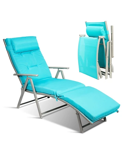 Inolait Adjustable Outdoor Lightweight Folding Chaise Lounge Chair with Pillow-Blue