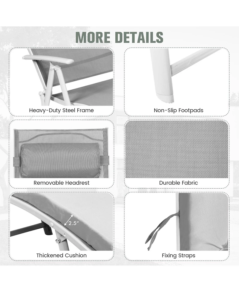 Inolait Adjustable Outdoor Lightweight Folding Chaise Lounge Chair with Pillow-Grey