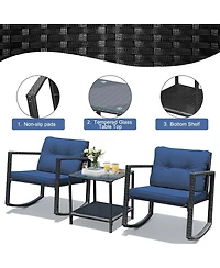 Sugift 3 Pieces Cushioned Patio Rattan Set with Rocking Chair and Table