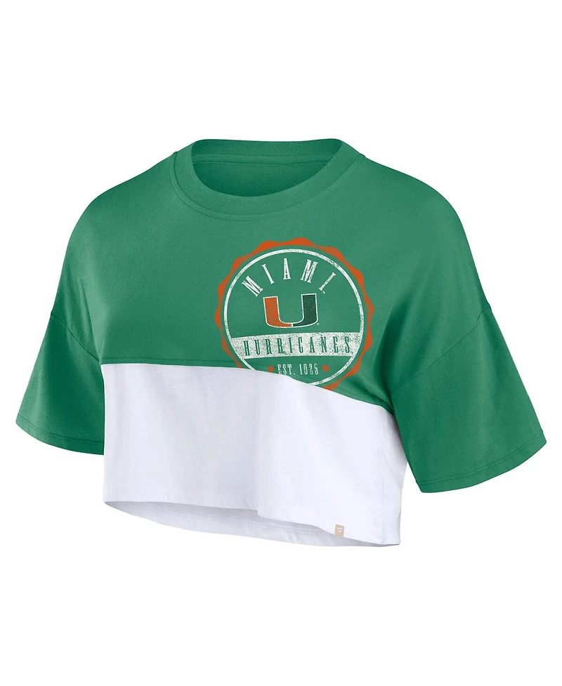 Fanatics Women's Green/White Miami Hurricanes Oversized Badge Colorblock Cropped T-Shirt