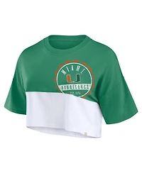 Fanatics Women's Green/White Miami Hurricanes Oversized Badge Colorblock Cropped T-Shirt