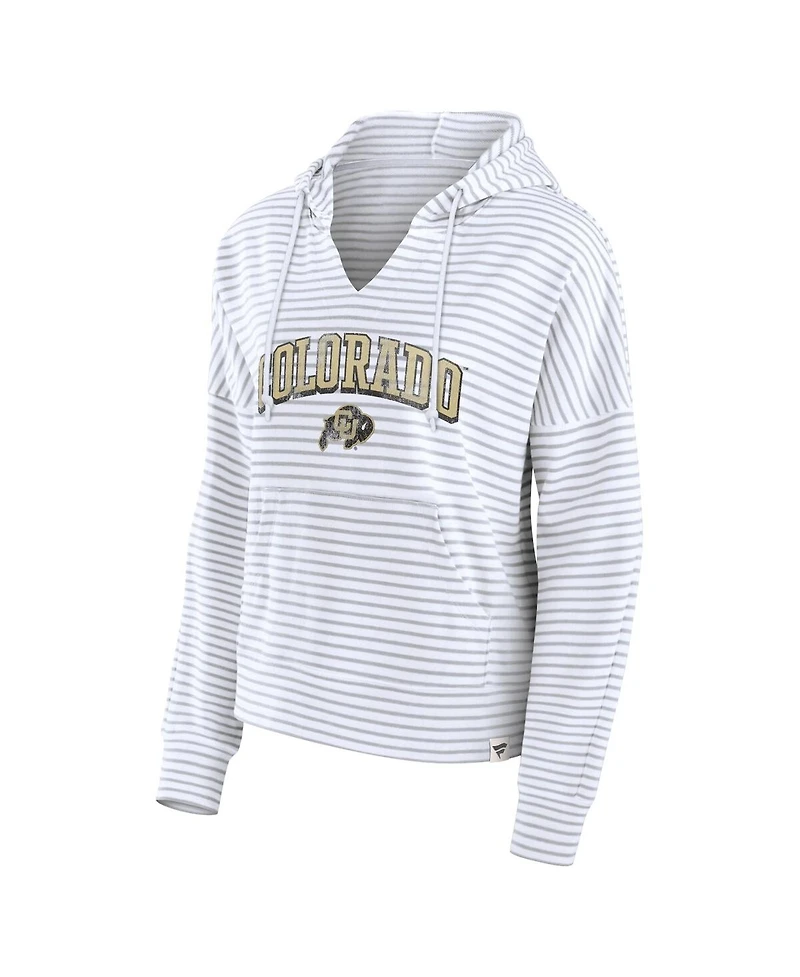 Fanatics Women's White/Gray Colorado Buffaloes Arch Logo Striped Notch Neck Pullover Hoodie