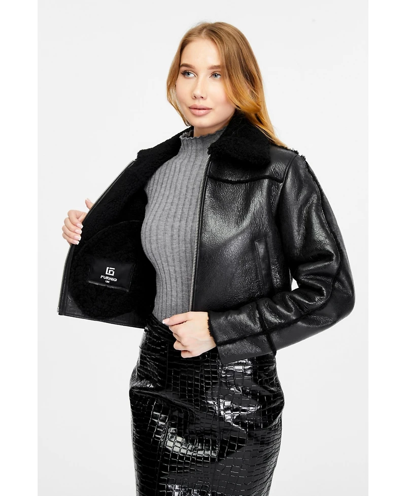Furniq Uk Women's Genuine Shearling Jacket, Silky Black Inner Black Wool