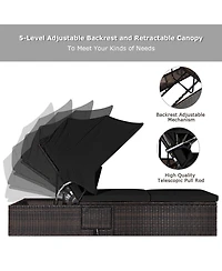 Gymax Set of 2 Rattan Patio Chaise Lounge Chair W/ Adjustable Canopy Black Cushion