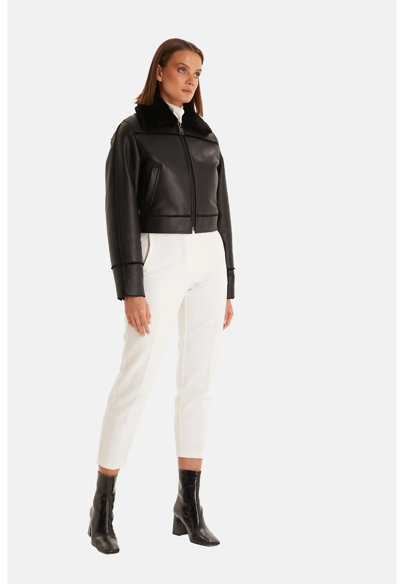 Furniq Uk Women's Genuine Shearling Jacket, Silky Black Inner Wool