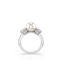 Swarovski Crystal Pearl, Round Cut, White, Rhodium Plated Matrix Ring