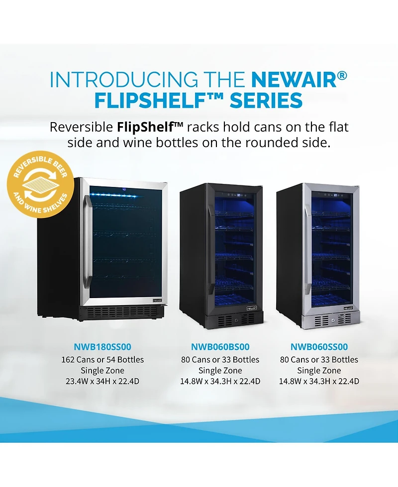 Newair 15" FlipShelf Wine and Beverage Refrigerator, Reversible Shelves Hold 80 Cans or 33 Bottles