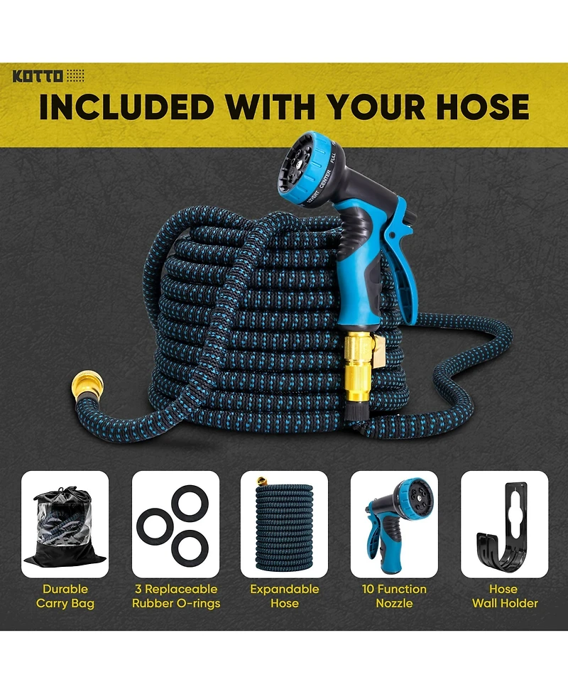 Kotto 150' Expandable Water Garden Hose: 10 Spray Nozzles, Solid Brass Connector, Leak-Proof Design
