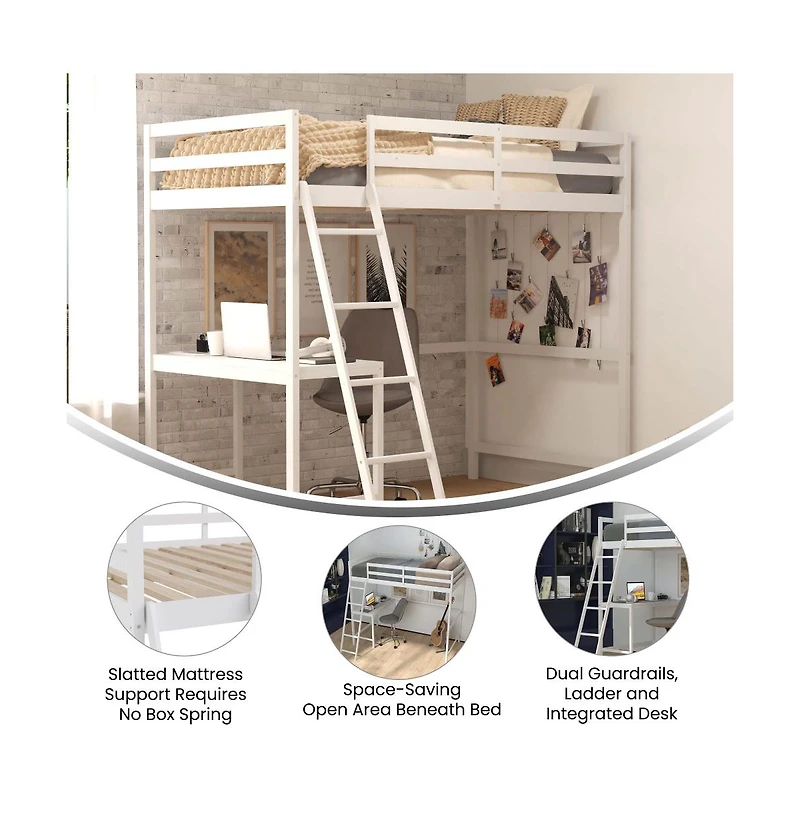 Emma+Oliver Ridley Twin Wood Loft Bed Frame With Protective Guardrails And Integrated Desk Ladder For Use Any 6-8" Thick Mattress