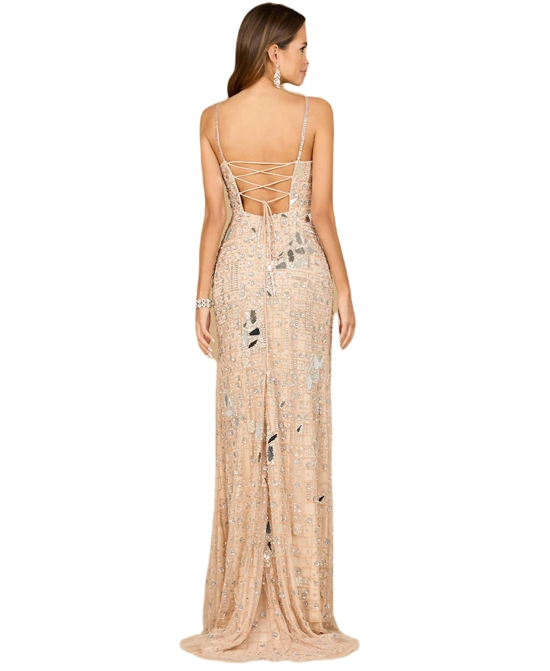 Lara Women's Mirror Beaded Gown With High Slit