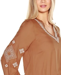 Belldini Black Label Women's Embroidered Blouson Sleeve V-Neck Blouse Top