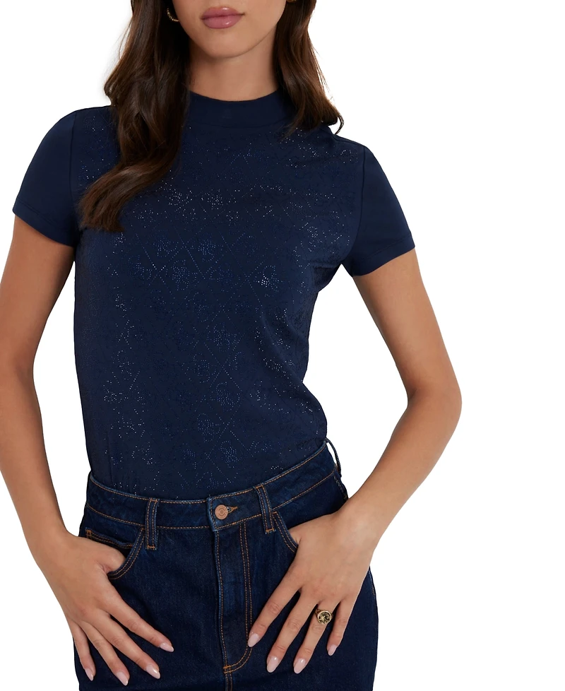 Guess Women's Rhinestone-Logo Mock-Neck Short-Sleeve Top