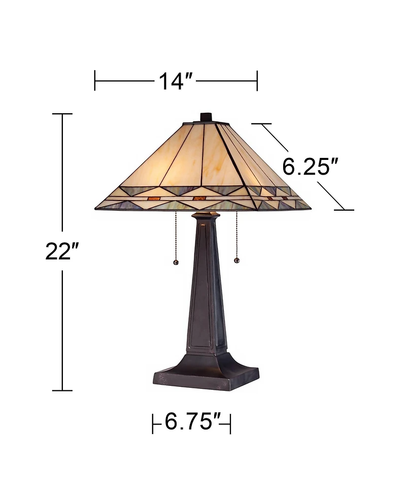 Art Deco Tiffany Style Accent Table Lamp 21.5" High Mission Bronze Brown Antique Cream Amber Stained Glass Shade Decor for Living Room Bedroom Ho