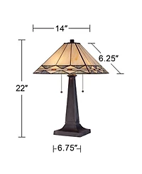 Art Deco Tiffany Style Accent Table Lamp 21.5" High Mission Bronze Brown Antique Cream Amber Stained Glass Shade Decor for Living Room Bedroom Ho