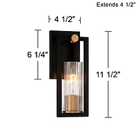 Stiffel Industrial Modern Wall Light Sconces Set of 2 Black Warm Brass Hardwired 4 1/2" Fixture Clear Ribbed Glass Shade for Bedroom Bathroom Van