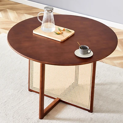 Streamdale Retro Chinese Solid Wood Round Imitation Rattan Table Desk