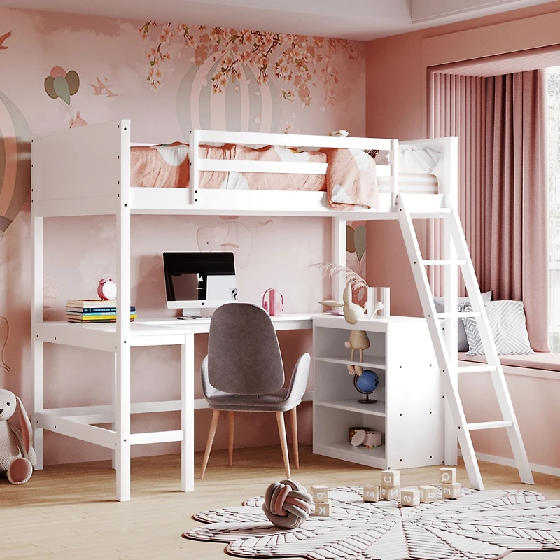 Streamdale Twin Loft Bed With Shelves And Desk, Wooden Desk