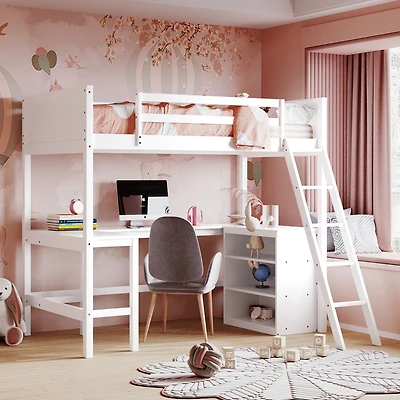 Streamdale Twin Loft Bed With Shelves And Desk, Wooden Desk
