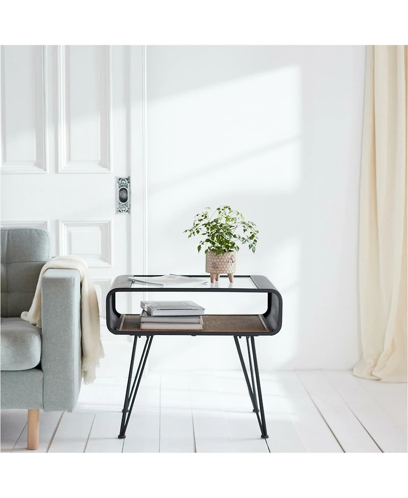 Iron Side Table With Rattan Accent 23.5"H