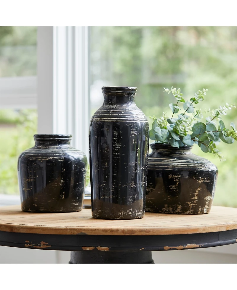 Slickblue Distressed Black Ceramic Vase With Ivory Accent 17.5"h