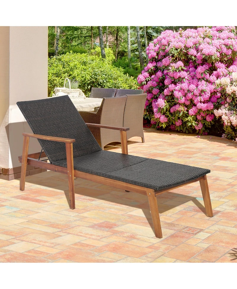 Gymax 2PCS Adjustable Patio Rattan Lounge Chair Recliner Outdoor Chaise Acacia Wood Frame
