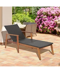 Gymax 2PCS Adjustable Patio Rattan Lounge Chair Recliner Outdoor Chaise Acacia Wood Frame