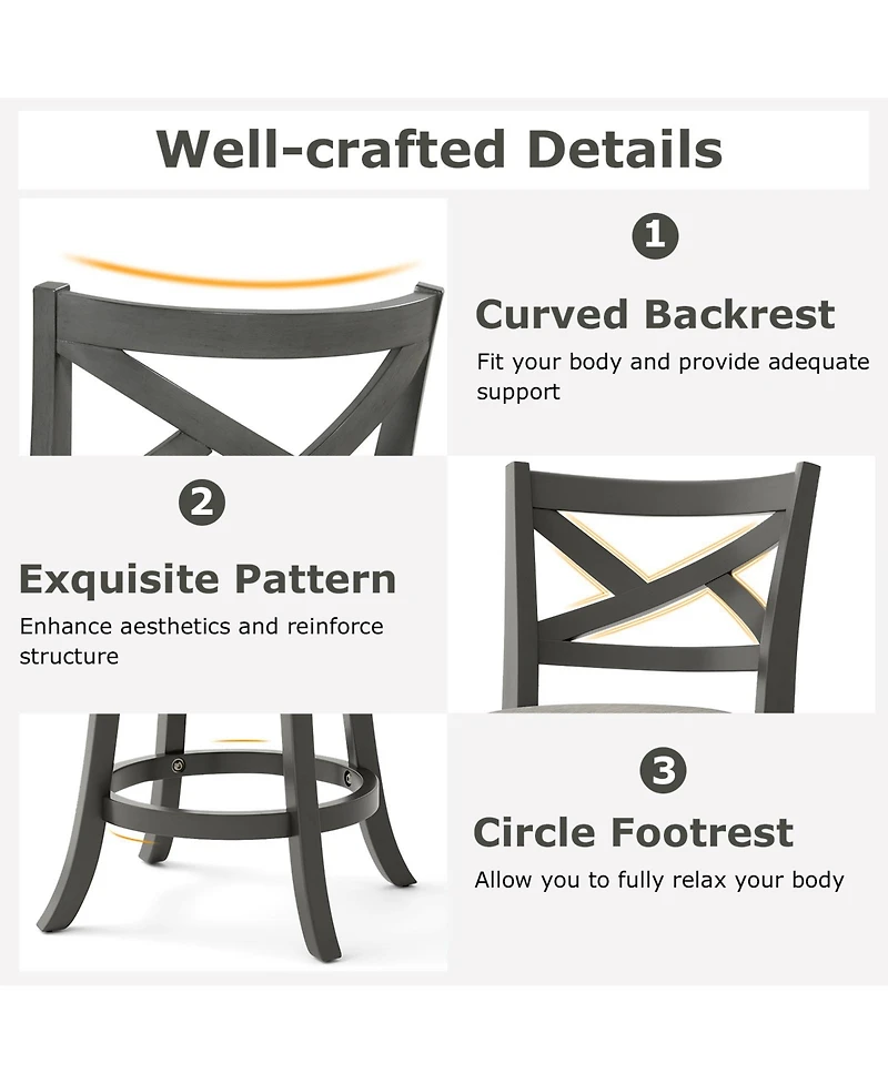 Set of 2 Swivel Bar Stools with Hollow Back and Padded Seat for Counter Height