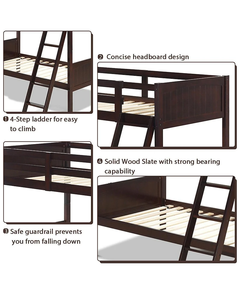 Sugift Wooden Twin Over Twin Bunk Bed Frames with Ladder and Safety Rail