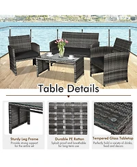 Slickblue 4 Pcs Patio Rattan Furniture Set Top Sofa With Glass Table