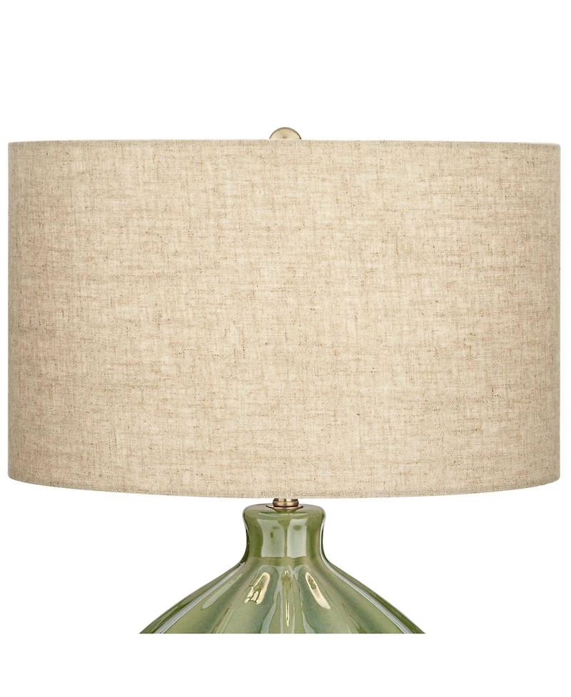 360 Lighting Modern Table Lamp with Usb Charging Port 20.5" High Green Ribbed Ceramic Oatmeal Fabric Drum Shade for Bedroom Desk (Color May Vary)