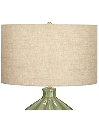 360 Lighting Modern Table Lamp with Usb Charging Port 20.5" High Green Ribbed Ceramic Oatmeal Fabric Drum Shade for Bedroom Desk (Color May Vary)