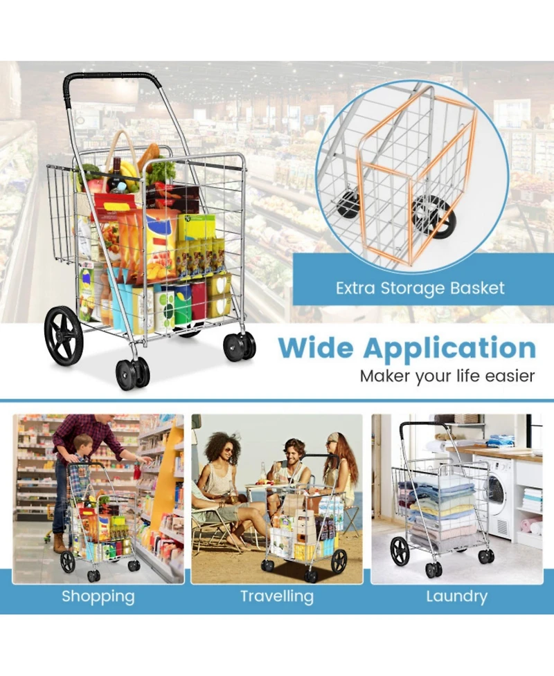 Sugift Folding Shopping Cart with Swiveling Wheels and Dual Storage Baskets